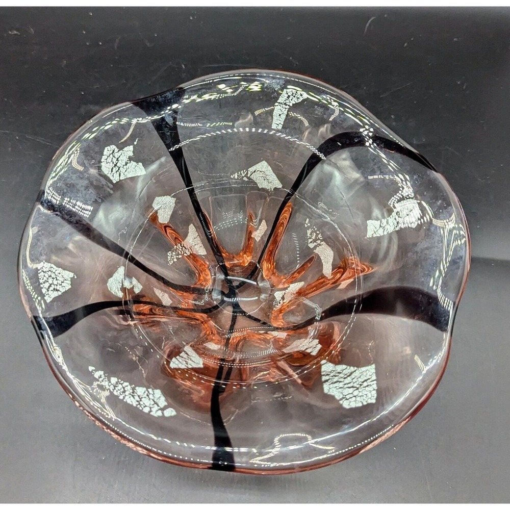 Vintage‎ Hand Blown Art Glass Pink Console Decorative Bowl Silver Flake 9.5"